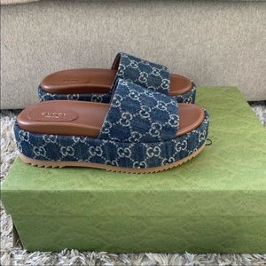 Dark blue and ivory eco washed organic GG jacquard denim